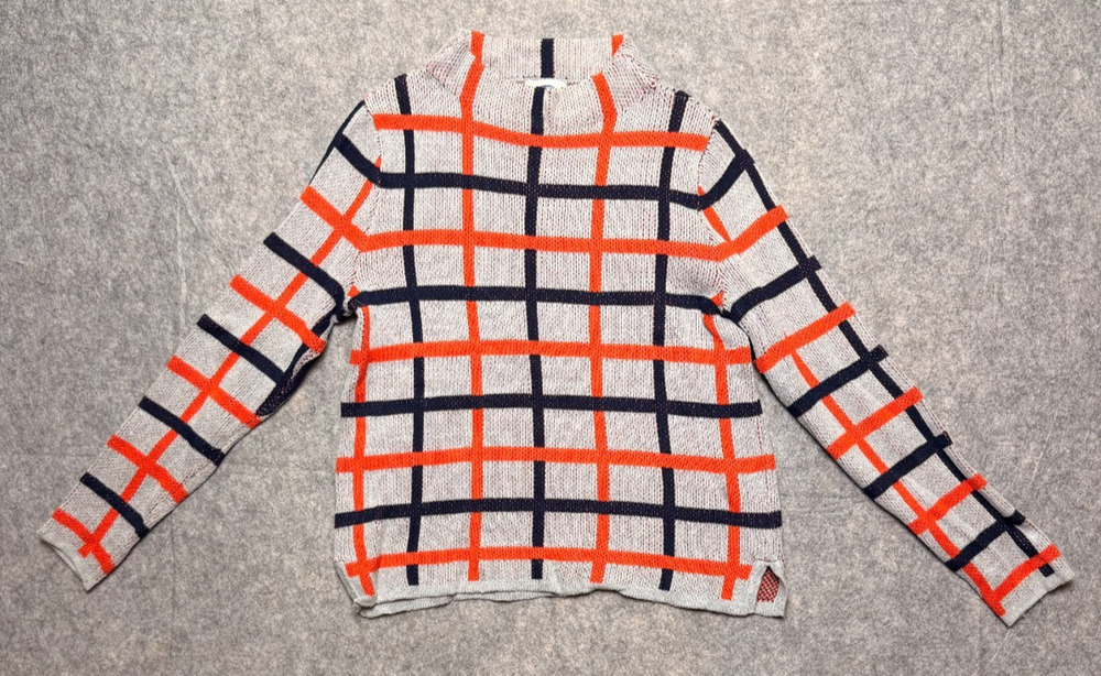 Old Navy Womens S Windowpane Plaid Sweater Mock Neck Gray Orange Navy Pullover
